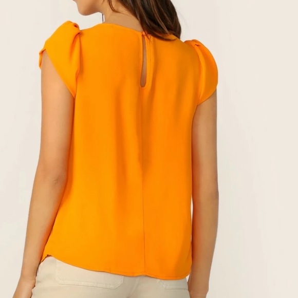 Neon Orange Keyhole Back Petal Sleeve Solid Top - Picture 3 of 5
